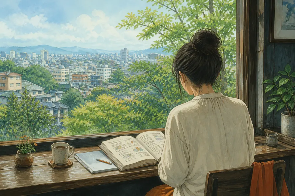 高台のカフェで、窓の外の緑と街を背に教科書を読む社会人女性
